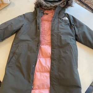 The North Face Olive Green Parka with Pink Lining